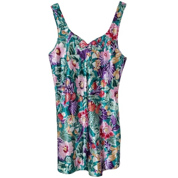 Vintage CALIFORNIA DYNASTY Floral Print Satin Chemise Slip Size L Teal Womens - Picture 1 of 8